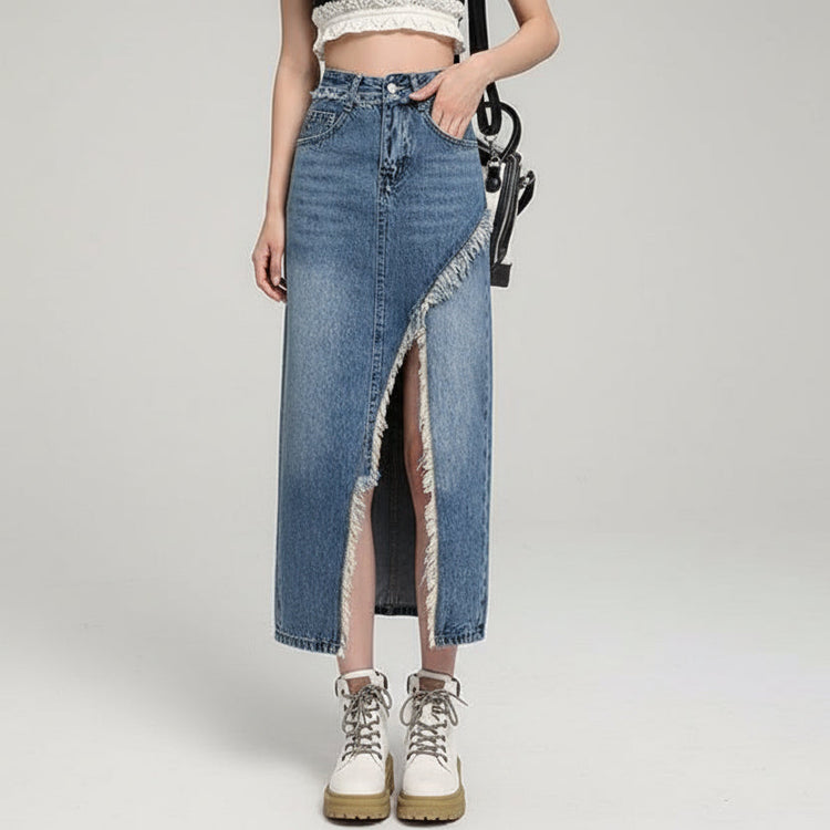 Jupe Rebel — Jupe Midi Denim Taille Haute à Fente Effilochée