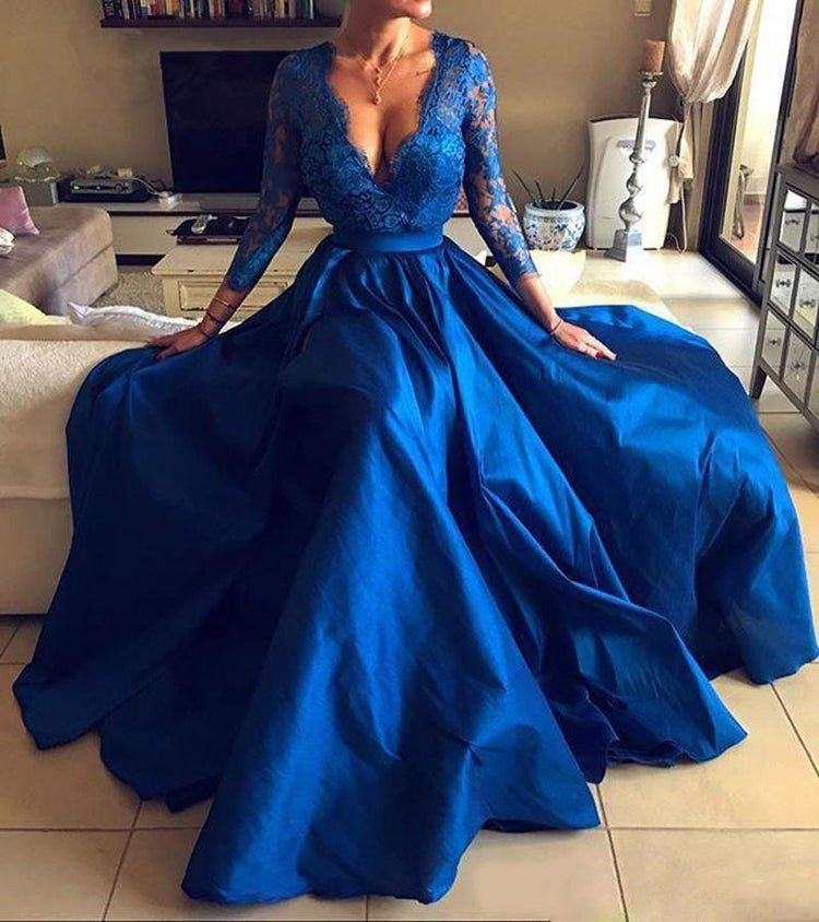 Robe Dentelle Bleue — Robe de Soirée en Dentelle Col V à Jupe Volumineuse