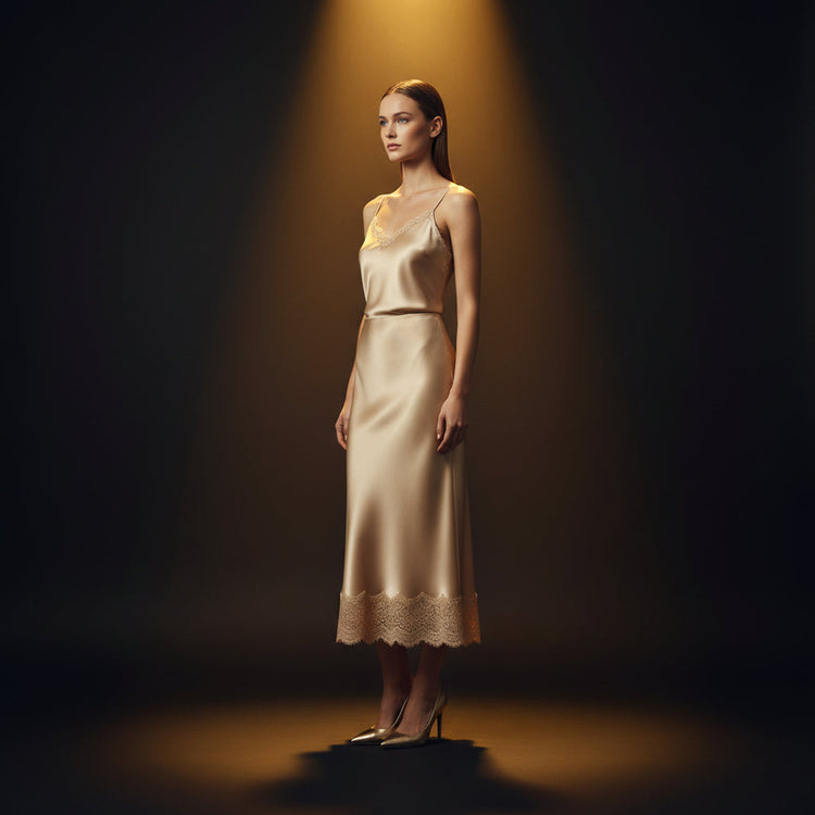 Jupe Dorée — Jupe Longue Satin Taille Haute à Bordure Dentelle