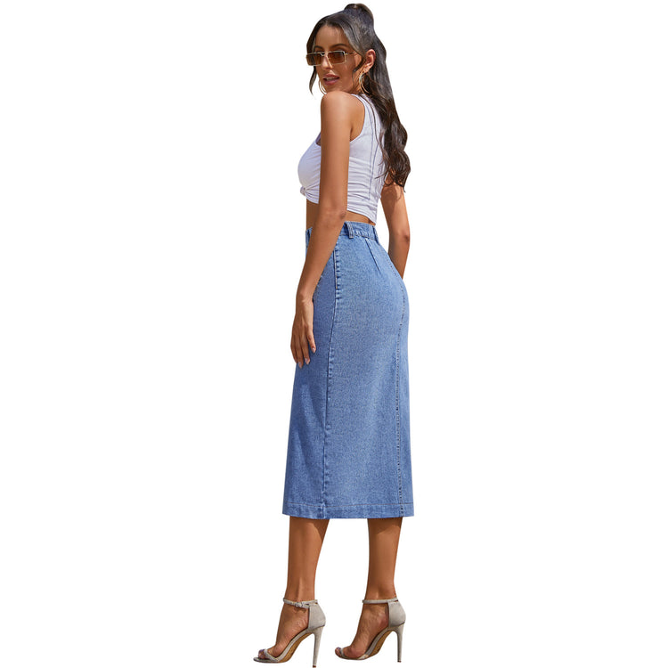 Jupe Nova — Jupe Longue Denim Taille Haute à Boutons & Fente Asymétrique