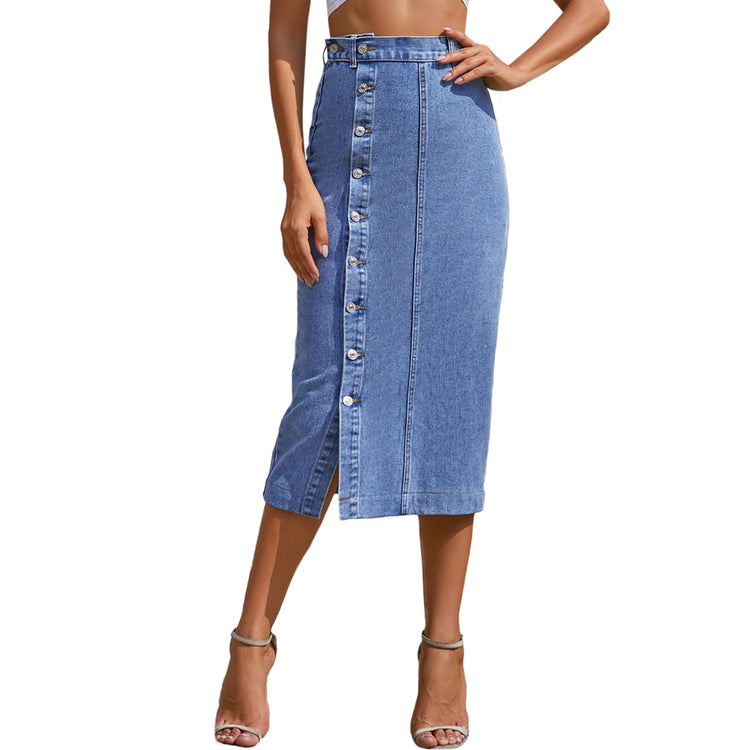 Jupe Nova — Jupe Longue Denim Taille Haute à Boutons & Fente Asymétrique