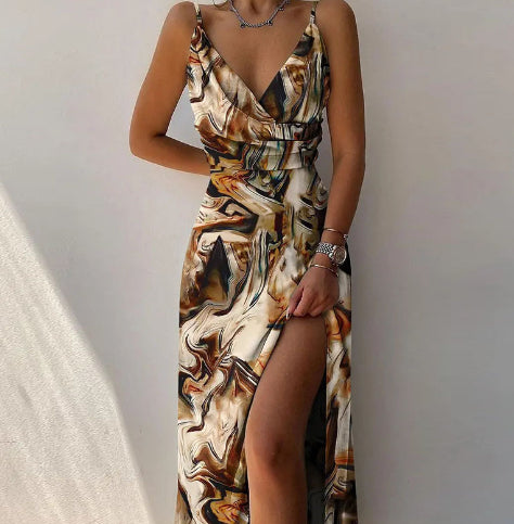 Robe Brezza — Robe Midi à Bretelles Col V & Fente Irrégulière