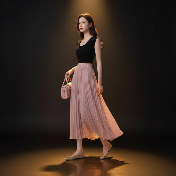 Jupe Longue Plissée en Mousseline - Taille Haute