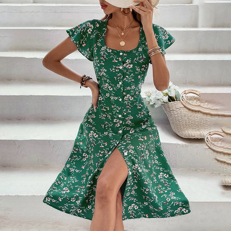 Robe Grenade — Robe Longue Fleurie à Fente & Boutons Col Carré