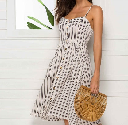 Robe Riviera — Robe Midi Rayée à Bretelles & Boutons Dorés