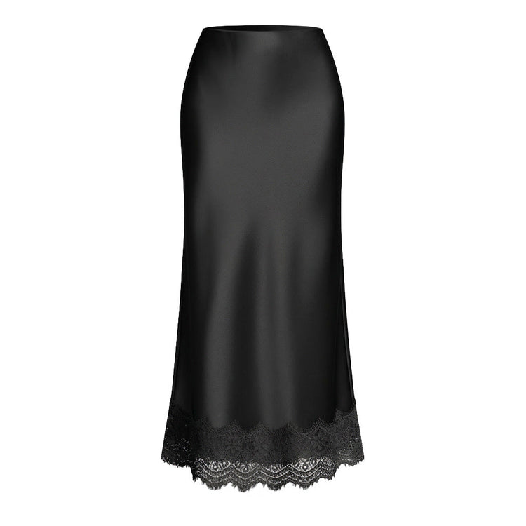 Jupe Dorée — Jupe Longue Satin Taille Haute à Bordure Dentelle