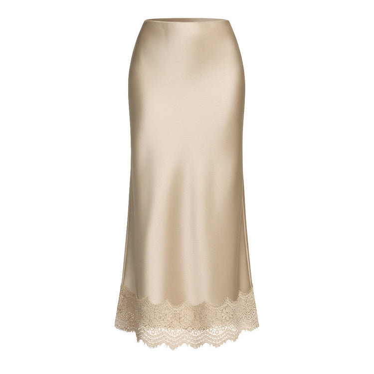 Jupe Dorée — Jupe Longue Satin Taille Haute à Bordure Dentelle