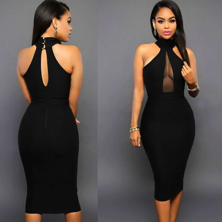 Robe sexy de soirée moulante à col montant avec décolleté transparent pour femme