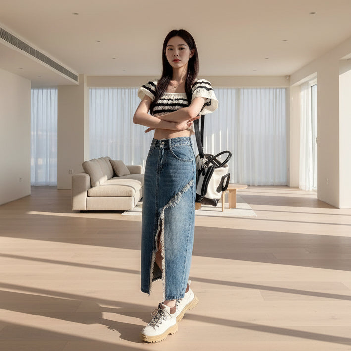 Jupe Rebel — Jupe Midi Denim Taille Haute à Fente Effilochée