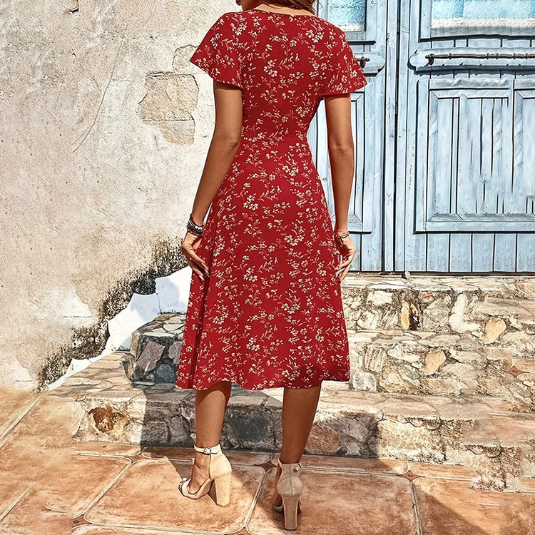 Robe Grenade — Robe Longue Fleurie à Fente & Boutons Col Carré