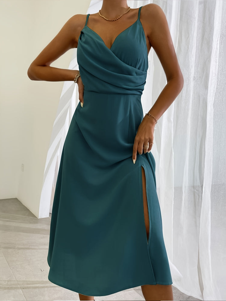 Robe Brezza — Robe Midi à Bretelles Col V & Fente Irrégulière
