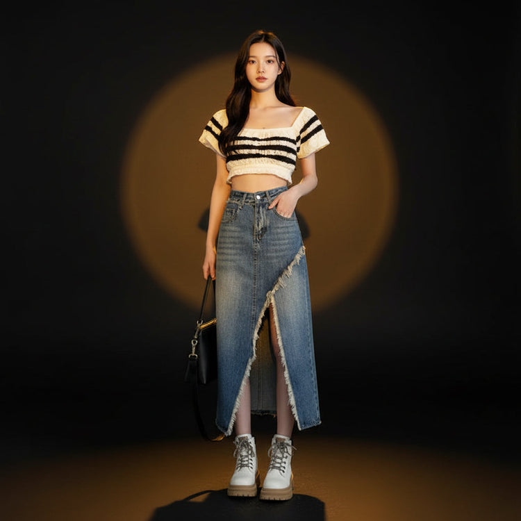 Jupe Rebel — Jupe Midi Denim Taille Haute à Fente Effilochée