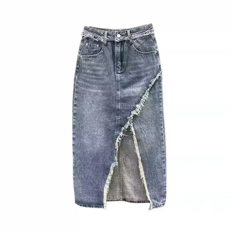 Jupe Rebel — Jupe Midi Denim Taille Haute à Fente Effilochée