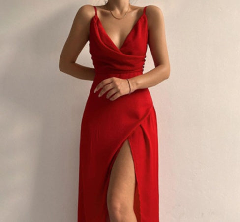 Robe Brezza — Robe Midi à Bretelles Col V & Fente Irrégulière
