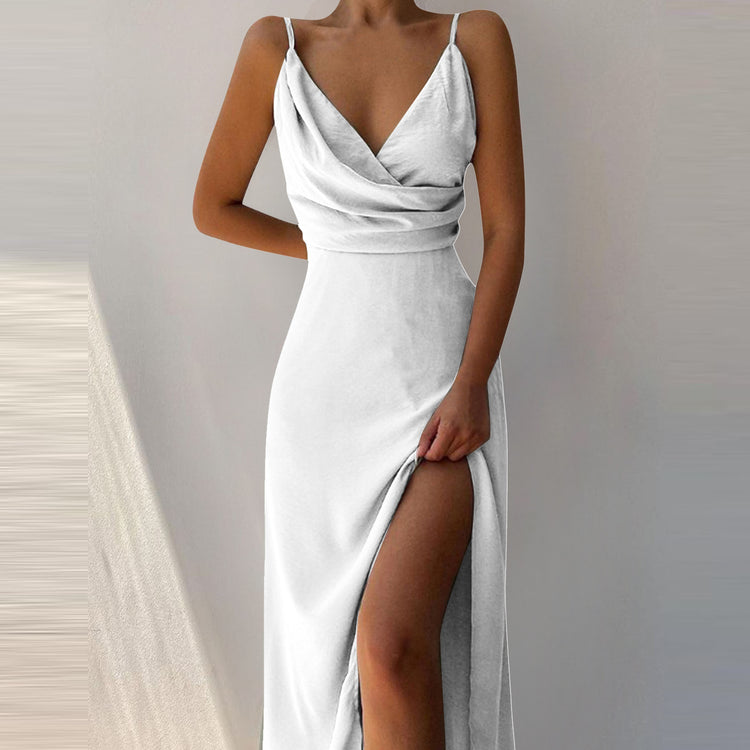 Robe Brezza — Robe Midi à Bretelles Col V & Fente Irrégulière