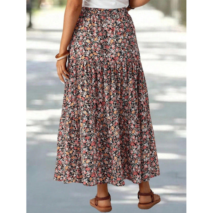 Jupe Bohème Noire — Jupe Longue Fleurie Taille Haute à Volants