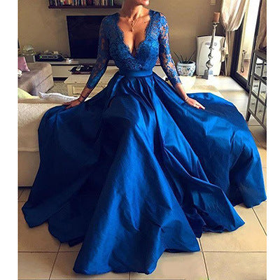 Robe Dentelle Bleue — Robe de Soirée en Dentelle Col V à Jupe Volumineuse
