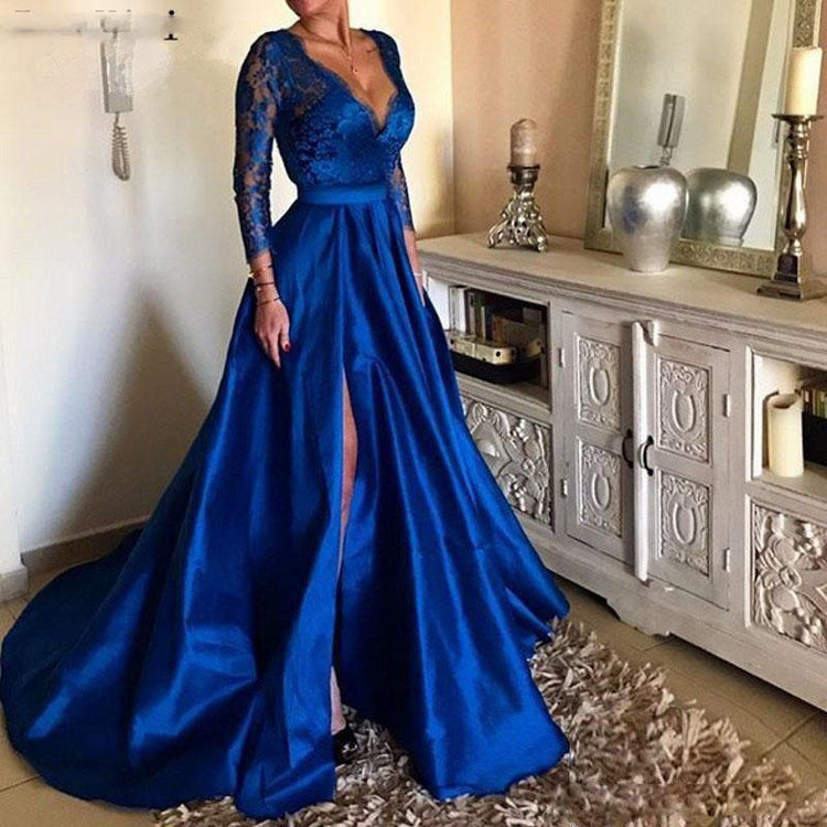 Robe Dentelle Bleue — Robe de Soirée en Dentelle Col V à Jupe Volumineuse