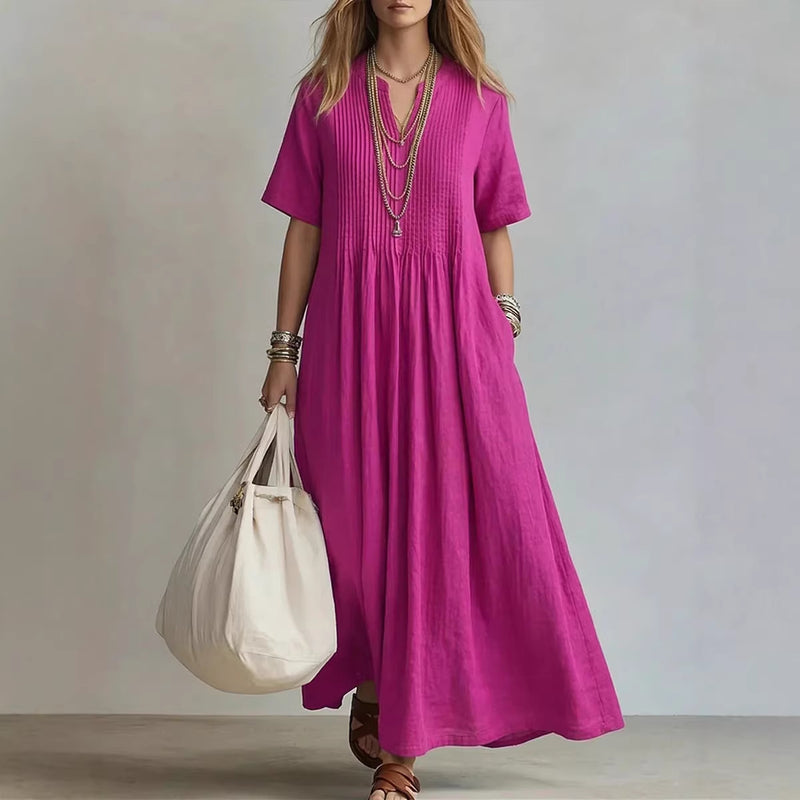 Robe Zéphyr — Robe Longue Loose Lin-Coton Col V à Fronces
