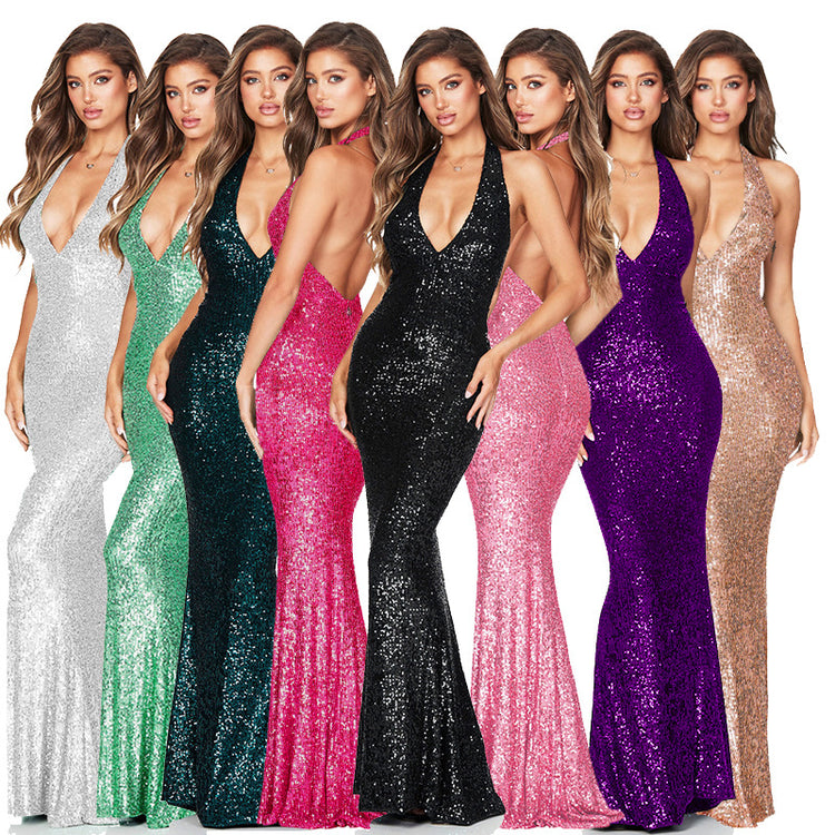 Robe Vénus — Robe Longue Sequins Dos Nu Col V Profond