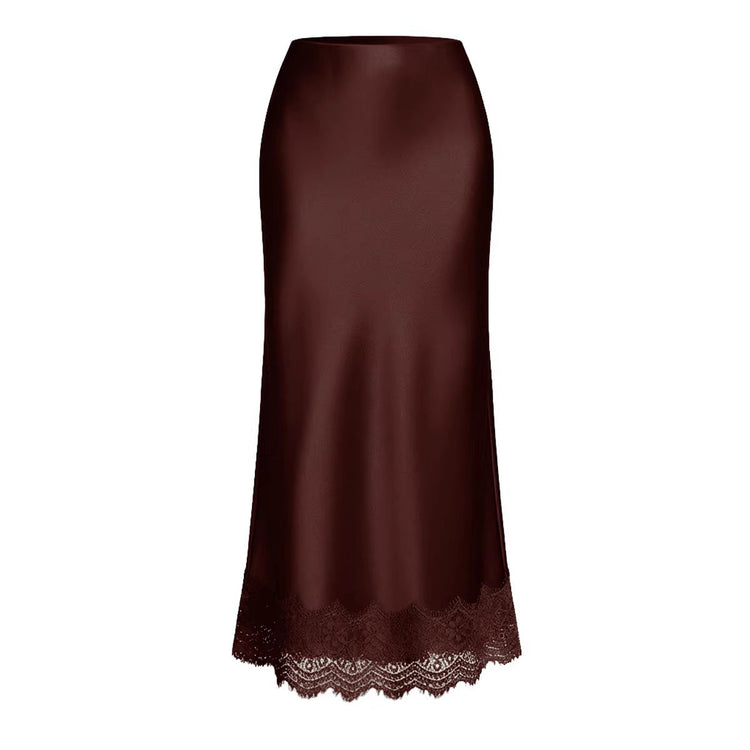 Jupe Dorée — Jupe Longue Satin Taille Haute à Bordure Dentelle
