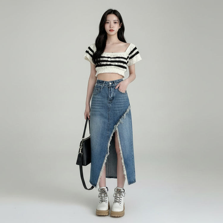 Jupe Rebel — Jupe Midi Denim Taille Haute à Fente Effilochée